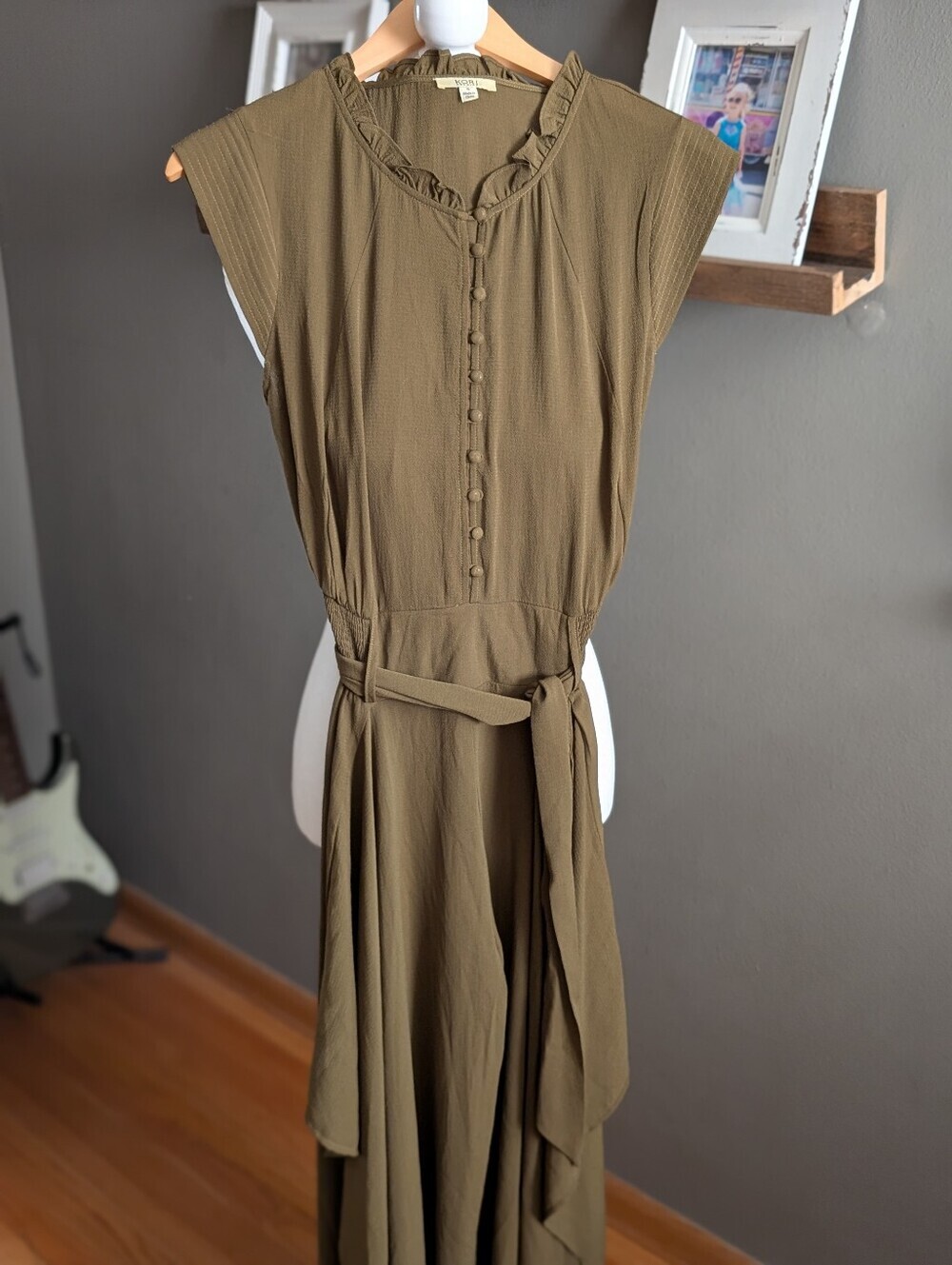 Kori America Olive Green Ruffle Wide Leg Side Slits Jumpsuit Size Small